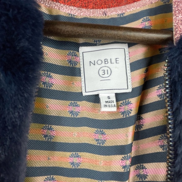 Noble 31 Faux Fur Navy Blue Bomber Sparkle Trim Pink Res Jacket Eras Outfit XS - Picture 8 of 9